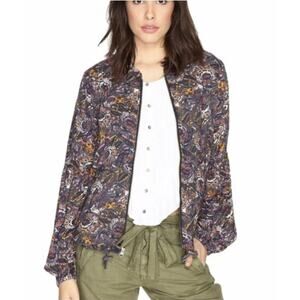 Free People Floral Bomber Jacket coat Sz XS Full Zip Balloon Sleeve Boho